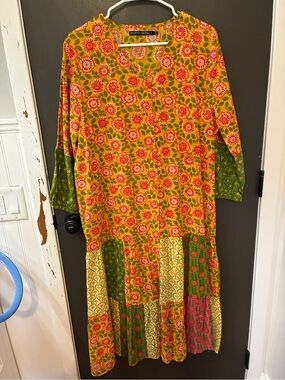 Gorgeous Gudrun Sjoden Green and Pink and yellow Floral patchwork Dres